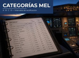Hold Item List en cabina de avión mostrando categorías MEL e intervalos de rectificación