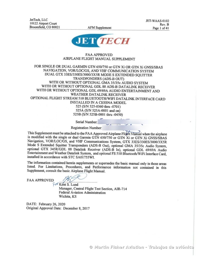 Portada del suplemento al manual de vuelo (AFMS) aprobado por la FAA para la instalación de aviónica bajo STC
