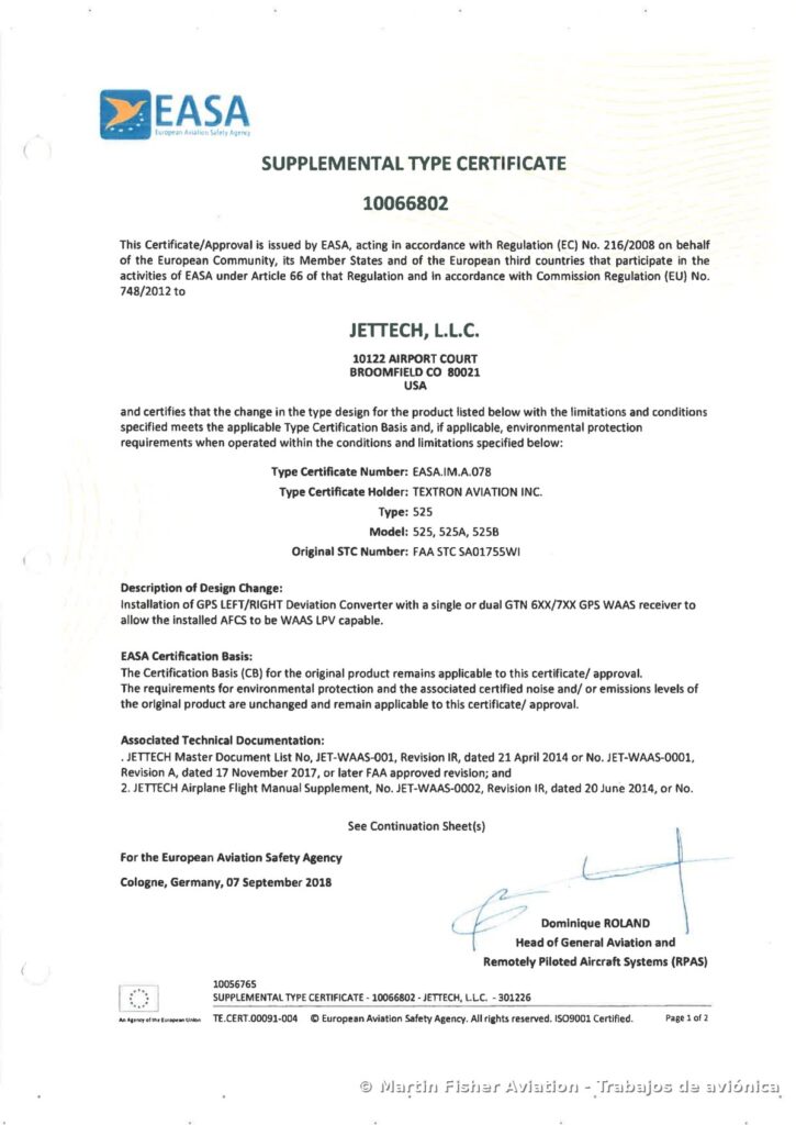 Certificado de tipo suplementario EASA 10066802 que valida en Europa el STC FAA SA01755WI sobre el certificado de tipo del Cessna 525