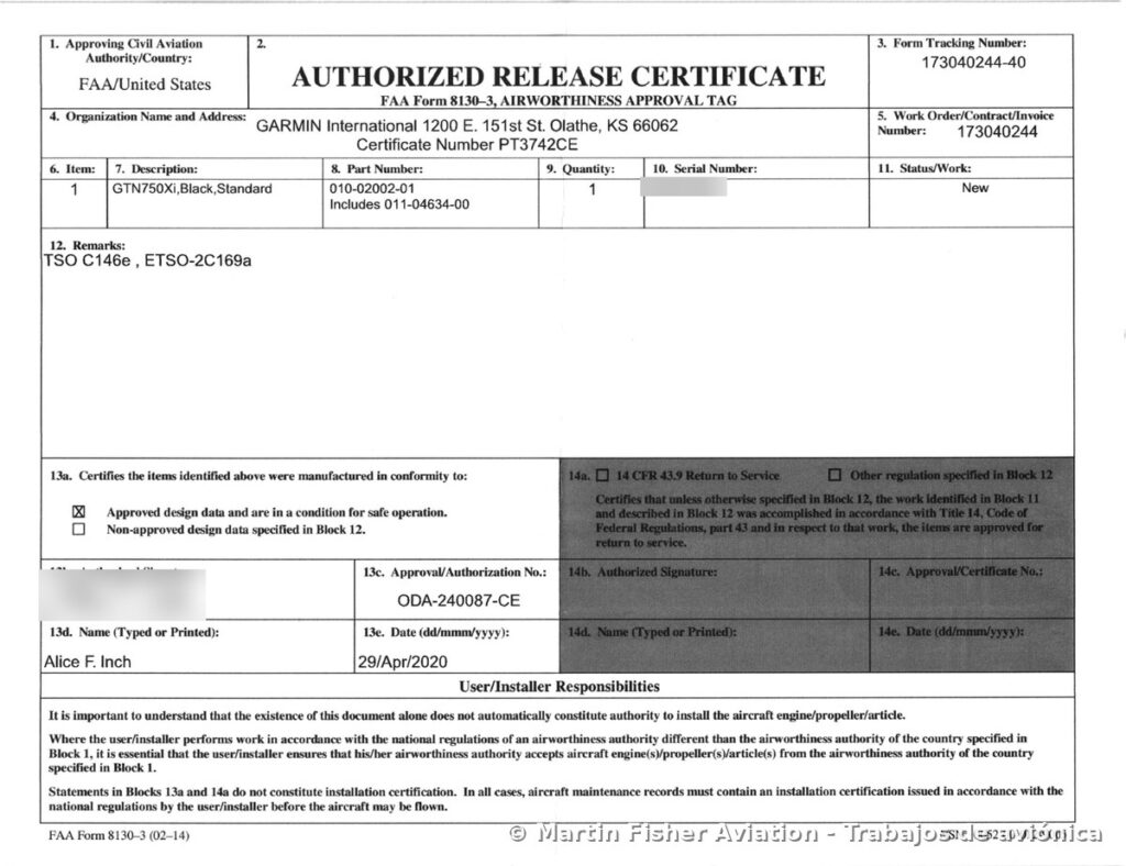 Certificado FAA Form 8130-3 de Garmin para un navegador GTN 750Xi instalado bajo el STC