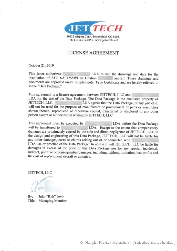 Acuerdo de licencia de uso del data package del STC firmado con JETTECH, con los datos del licenciatario anonimizados