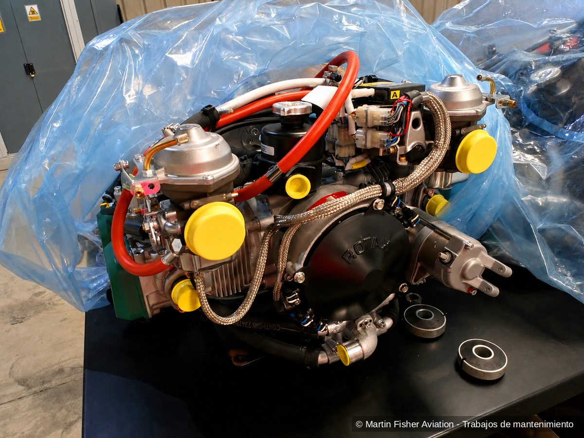 Motor Rotax nuevo embalado sobre banco tras su recepción en almacén