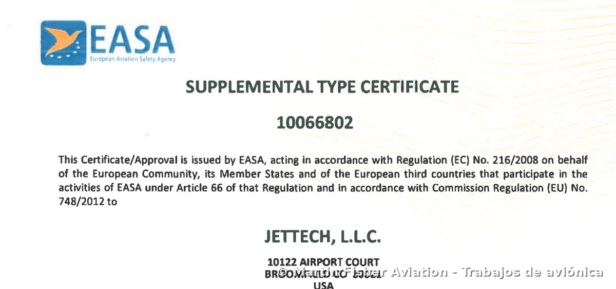 Certificado de tipo suplementario EASA número 10066802 emitido a JETTECH para la modificación de aviónica de un Citation
